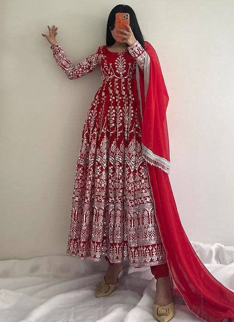 Red georgette heavy embroidery wedding anarkali suit