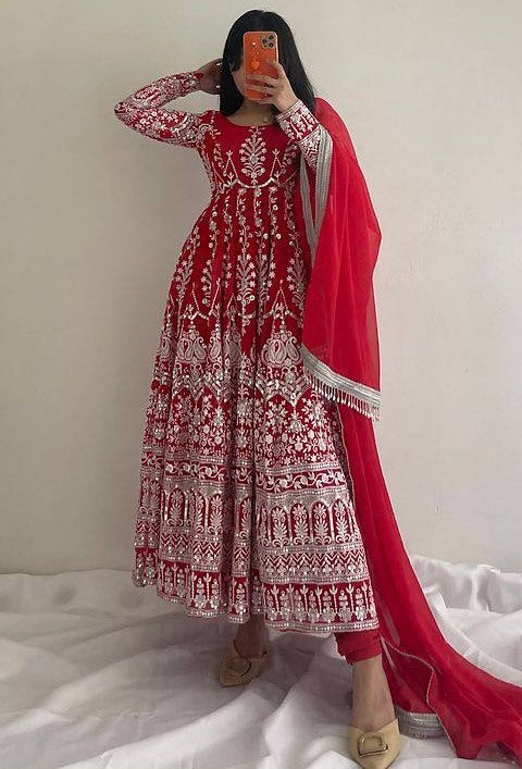 Red georgette heavy embroidery wedding anarkali suit