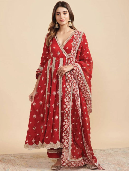 Red georgette heavy embroidery work pant salwar suit