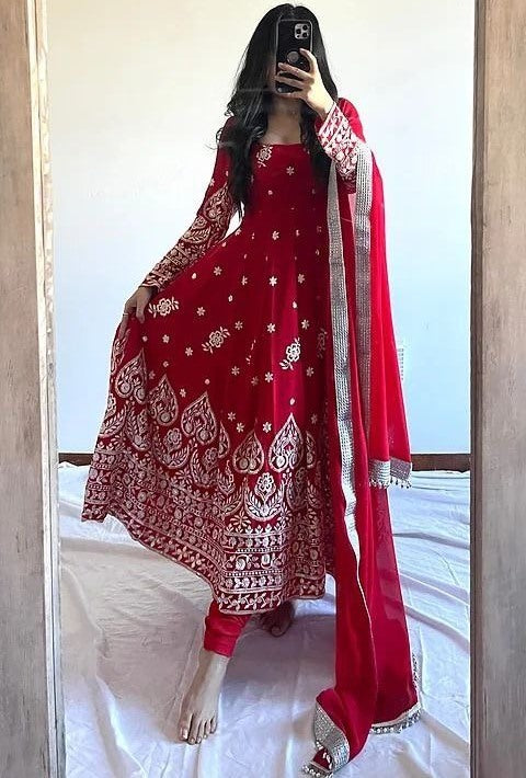 Red georgette heavy embroidery work wedding anarkali suit