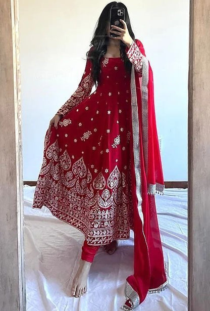 Red georgette heavy embroidery work wedding anarkali suit