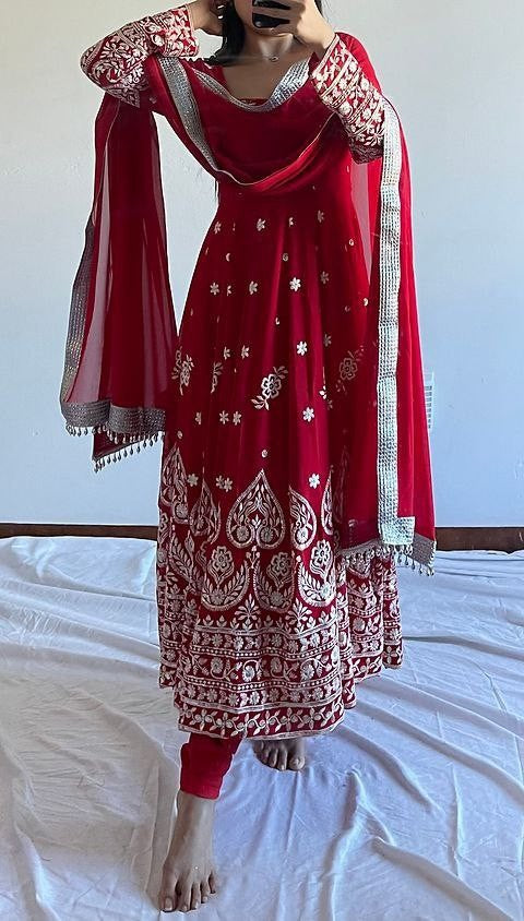 Red georgette heavy embroidery work wedding anarkali suit