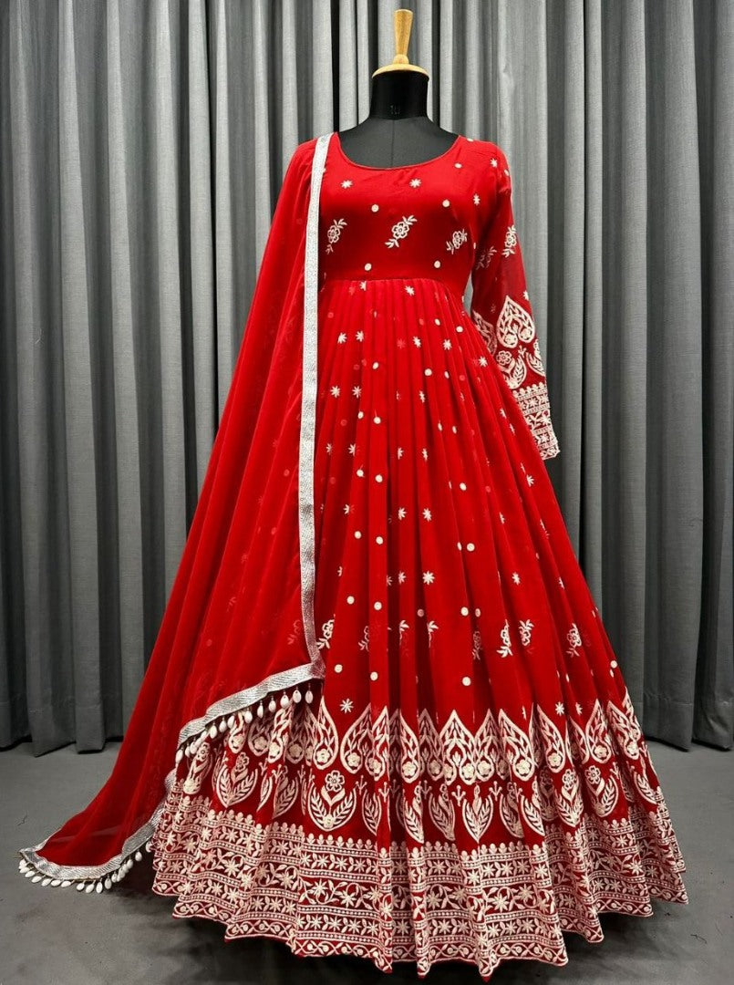 Red georgette heavy embroidery work wedding anarkali suit