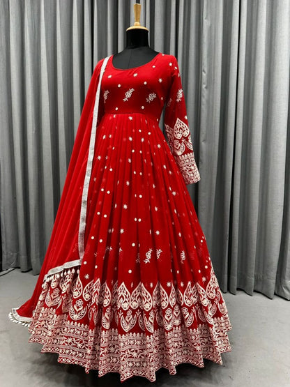 Red georgette heavy embroidery work wedding anarkali suit