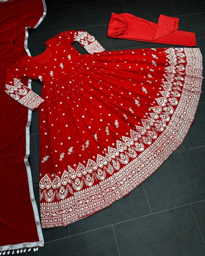 Red georgette heavy embroidery work wedding anarkali suit