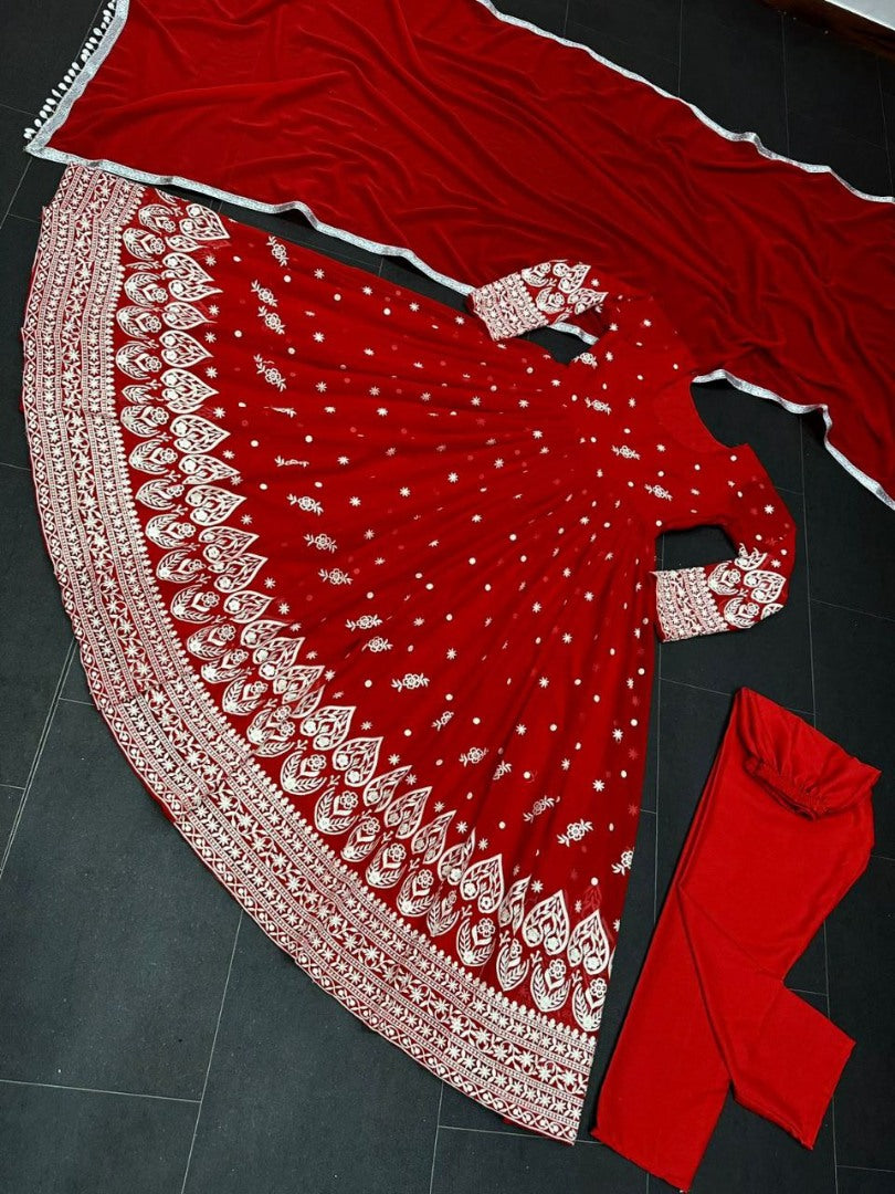 Red georgette heavy embroidery work wedding anarkali suit