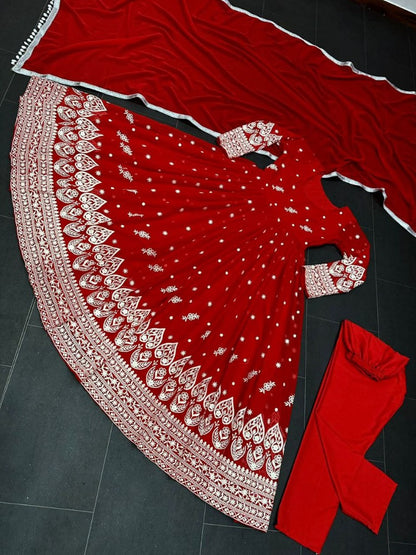 Red georgette heavy embroidery work wedding anarkali suit