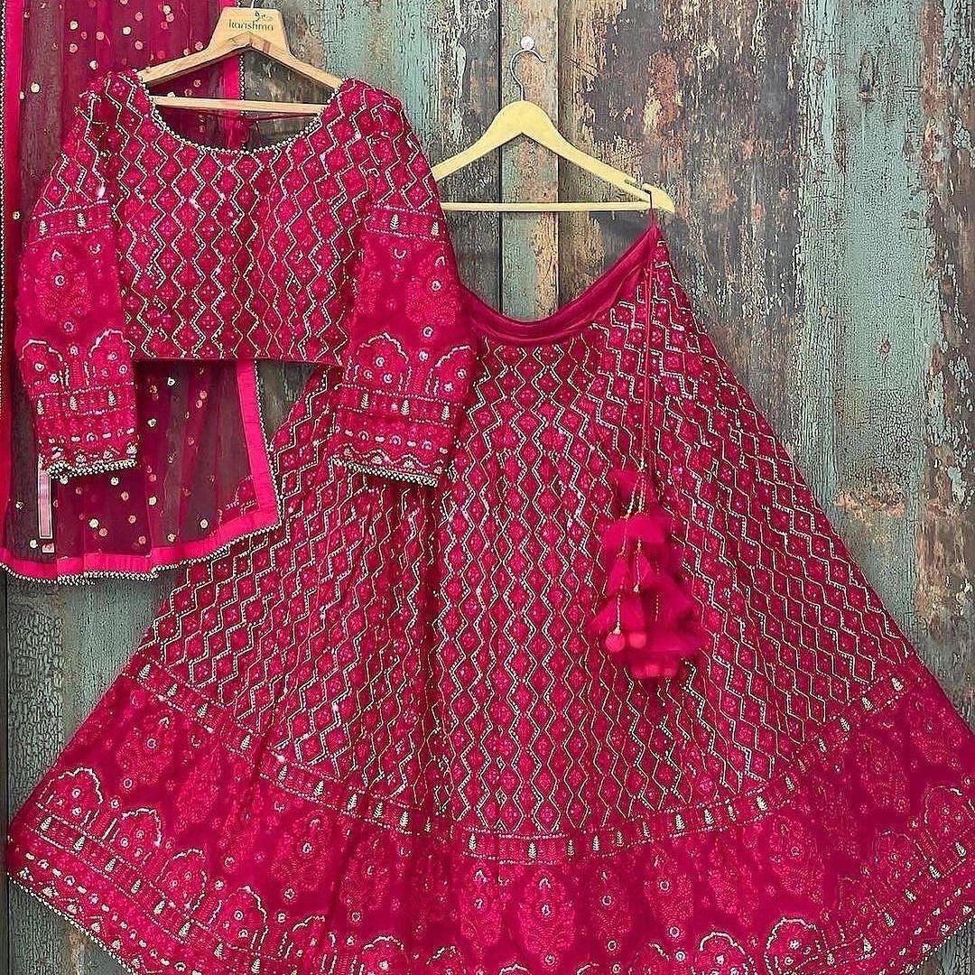 Red georgette heavy lakhnavi work wedding lehenga choli