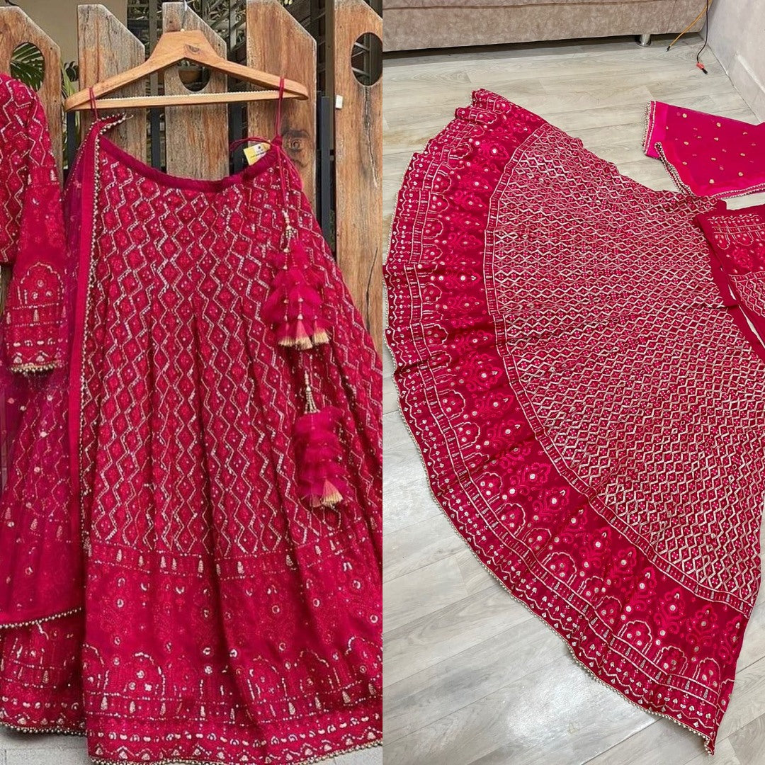 Red georgette heavy lakhnavi work wedding lehenga choli