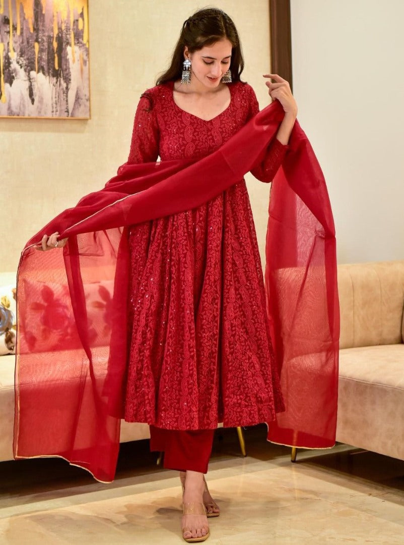 Red georgette heavy lucknowi work party wear anarkali suit