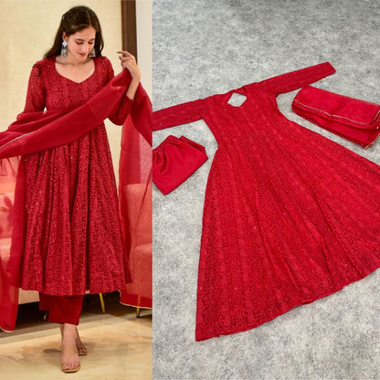 Red georgette heavy lucknowi work party wear anarkali suit