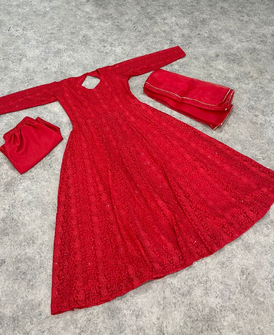 Red georgette heavy lucknowi work party wear anarkali suit