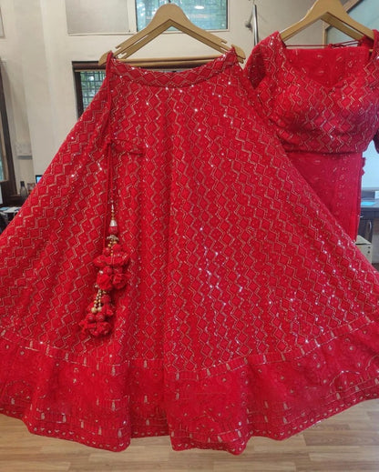 Red georgette heavy lucknowi work wedding lehenga choli