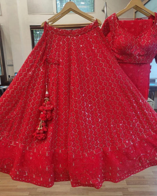 Red georgette heavy lucknowi work wedding lehenga choli