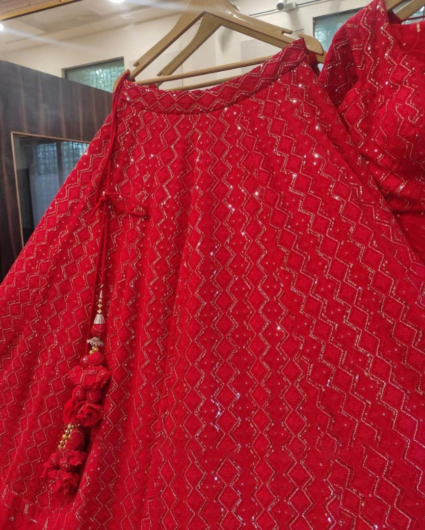 Red georgette heavy lucknowi work wedding lehenga choli