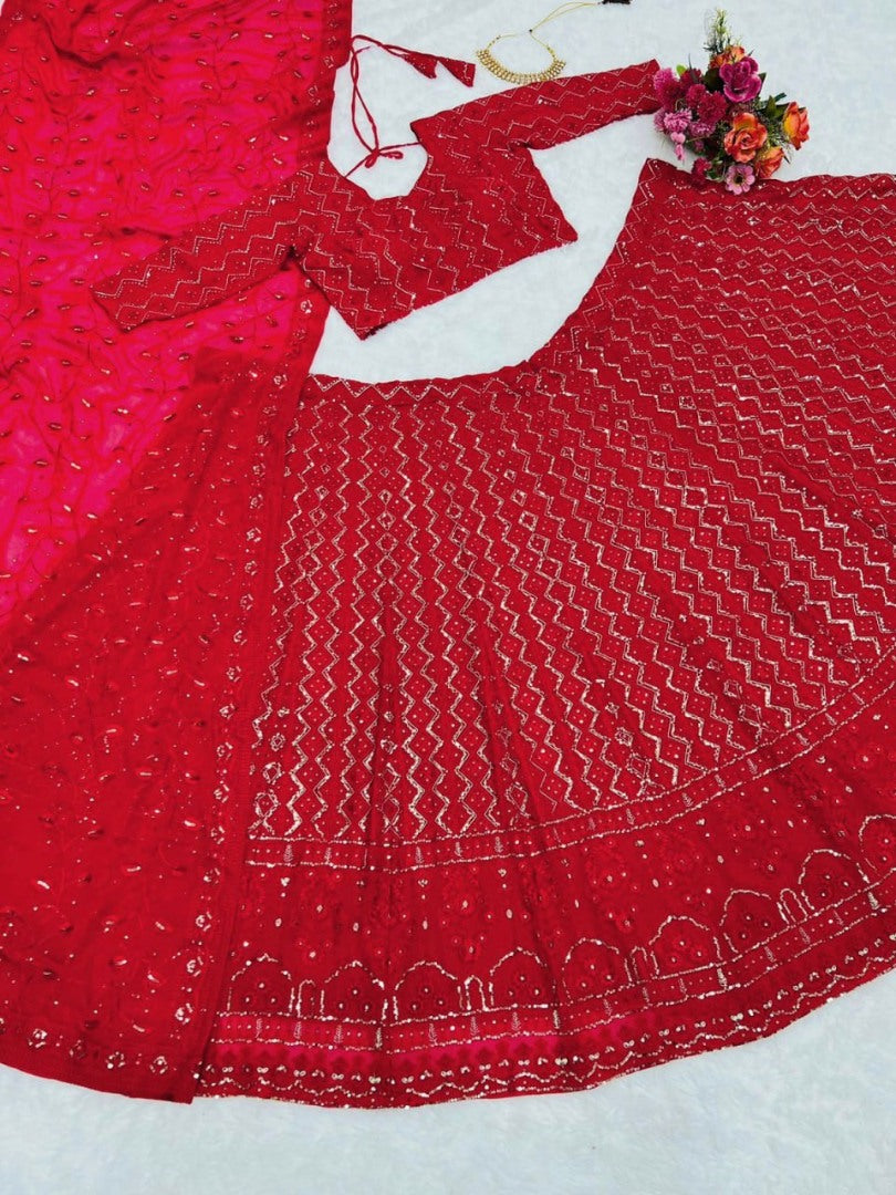 Red georgette heavy lucknowi work wedding lehenga choli