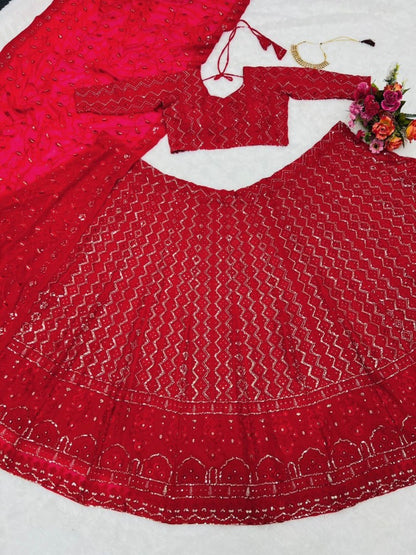 Red georgette heavy lucknowi work wedding lehenga choli