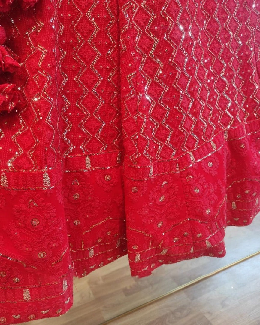 Red georgette heavy lucknowi work wedding lehenga choli