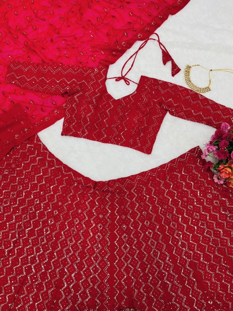 Red georgette heavy lucknowi work wedding lehenga choli