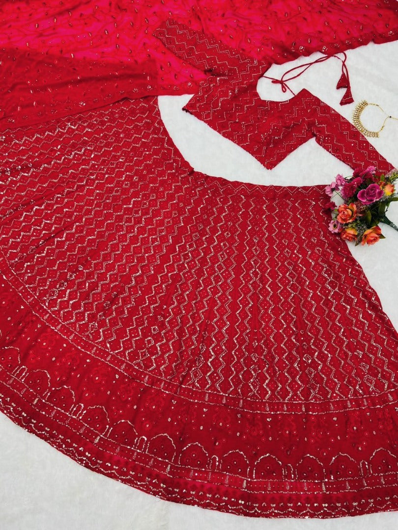 Red georgette heavy lucknowi work wedding lehenga choli