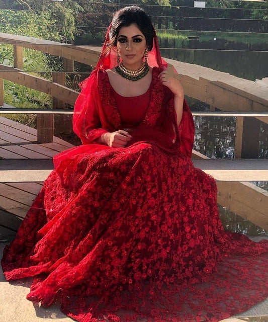 Red georgette heavy sequence and embroidered wedding lehenga choli