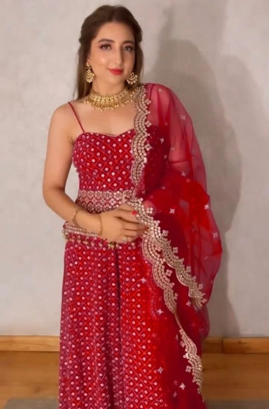 Red georgette heavy sequence work plazzo suit