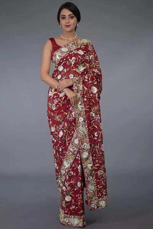 Red georgette heavy thread embroidered wedding saree