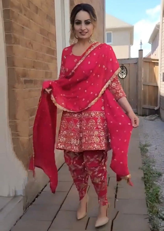 Red georgette heavy thread sequence embroidery designer dhoti suit