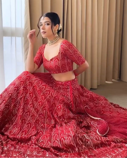 Red georgette heavy thread sequence embroidery wedding lehenga choli