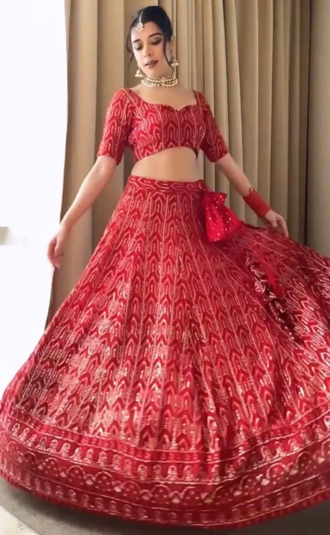 Red georgette heavy thread sequence embroidery wedding lehenga choli