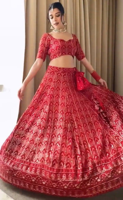 Red georgette heavy thread sequence embroidery wedding lehenga choli