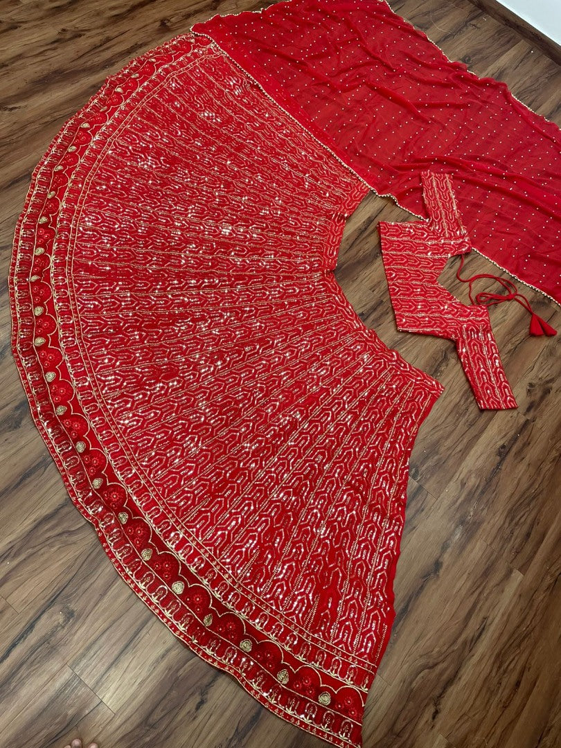 Red georgette heavy thread sequence embroidery wedding lehenga choli
