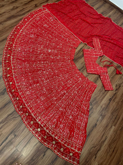 Red georgette heavy thread sequence embroidery wedding lehenga choli