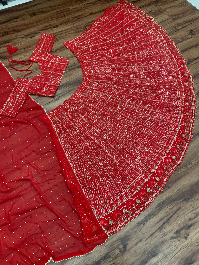 Red georgette heavy thread sequence embroidery wedding lehenga choli