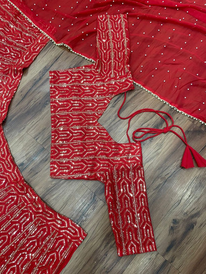 Red georgette heavy thread sequence embroidery wedding lehenga choli