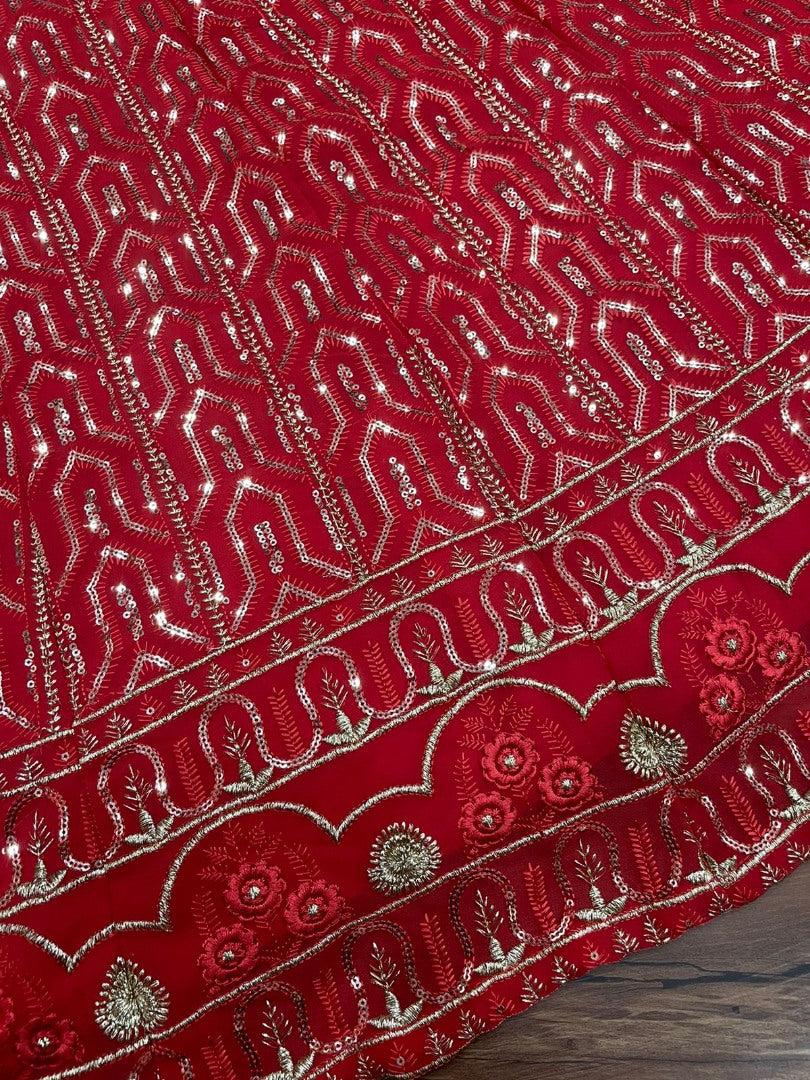 Red georgette heavy thread sequence embroidery wedding lehenga choli