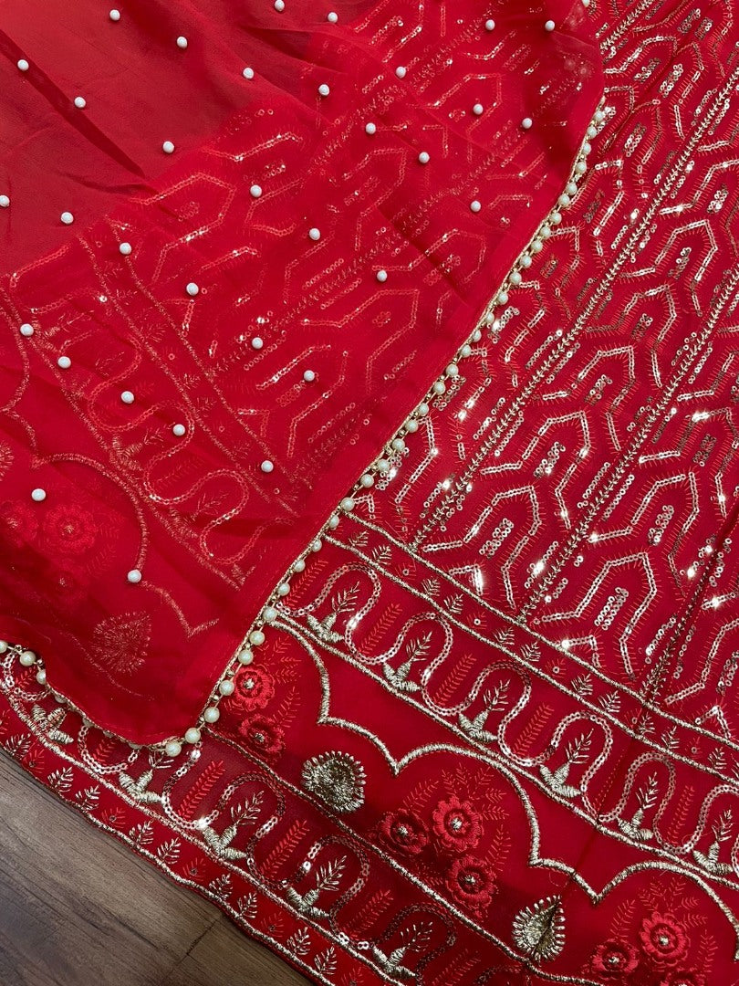 Red georgette heavy thread sequence embroidery wedding lehenga choli