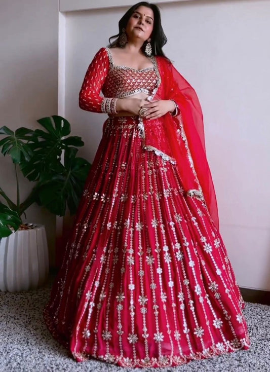 Red georgette heavy thread sequence work wedding lehenga choli