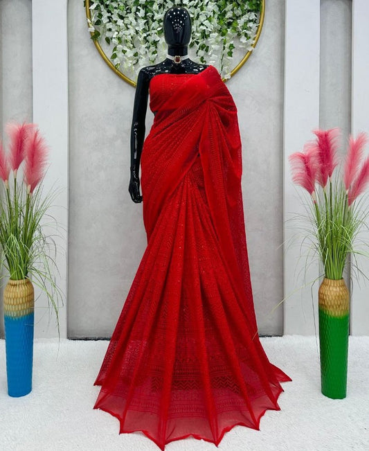 Red georgette heavy thread work saree for karva chauth