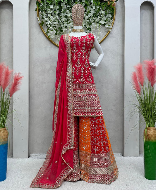 Red georgette heavy work designer palazzo suit for wedding