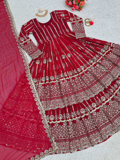 Red georgette heavy work wedding lehenga suit