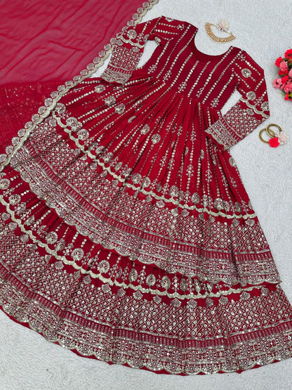 Red georgette heavy work wedding lehenga suit