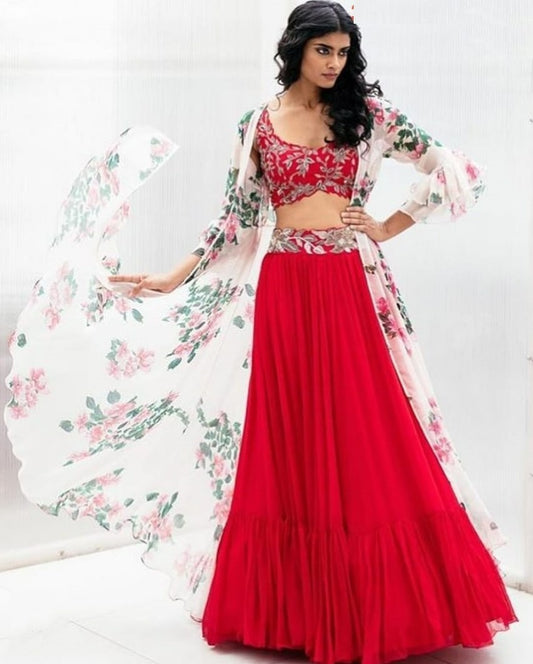 Red georgette lehenga choli with floral printed shrug
