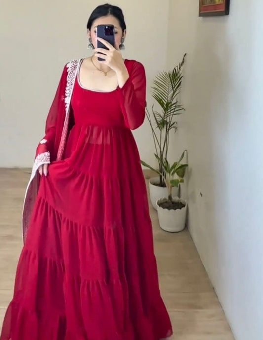 Red georgette long plain gown