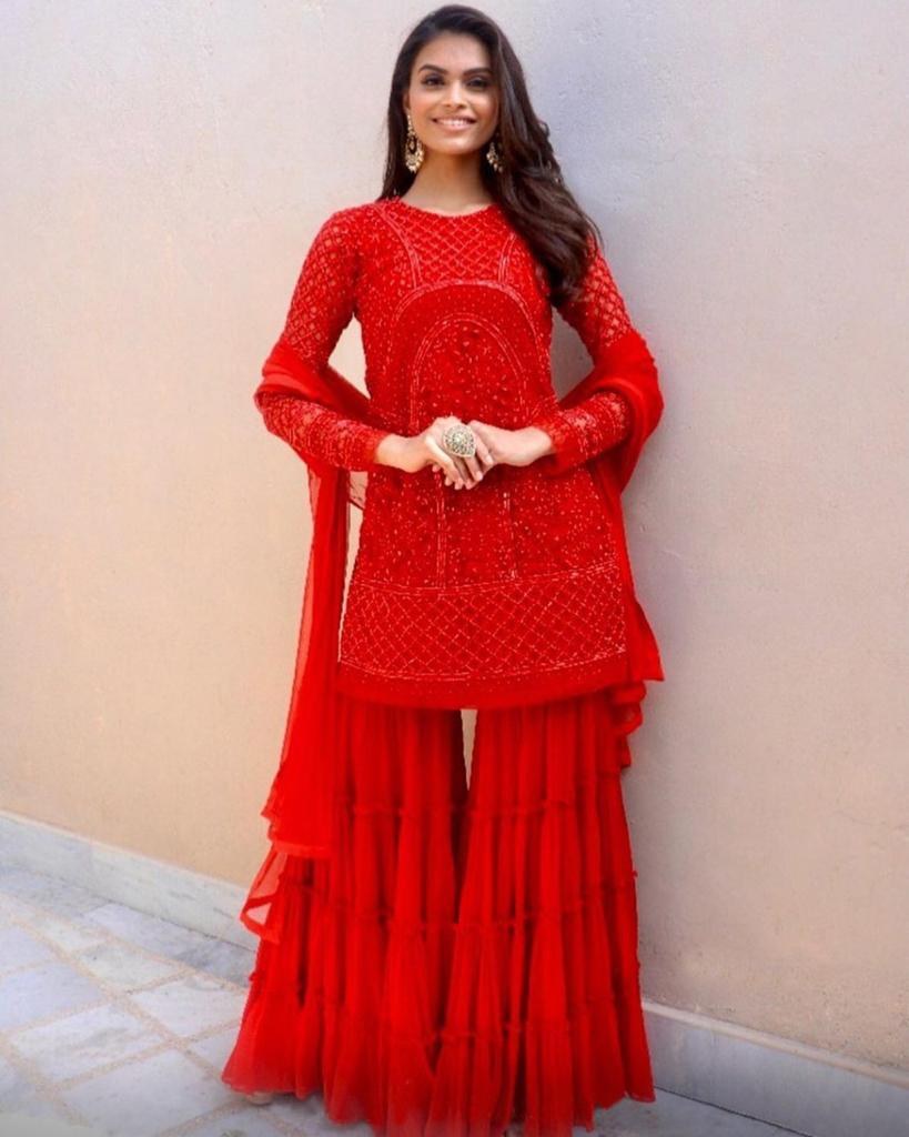 Red georgette moti work sharara salwar suit