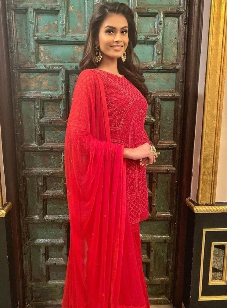 Red georgette moti work sharara salwar suit