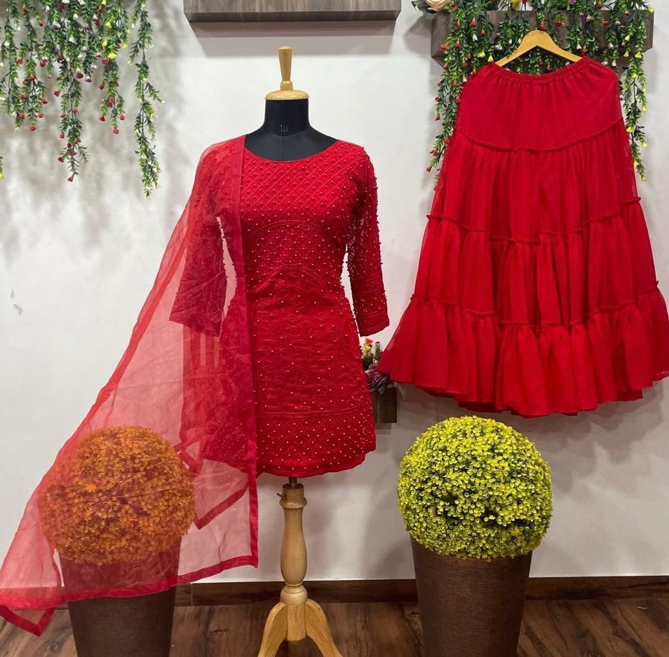 Red georgette moti work sharara salwar suit