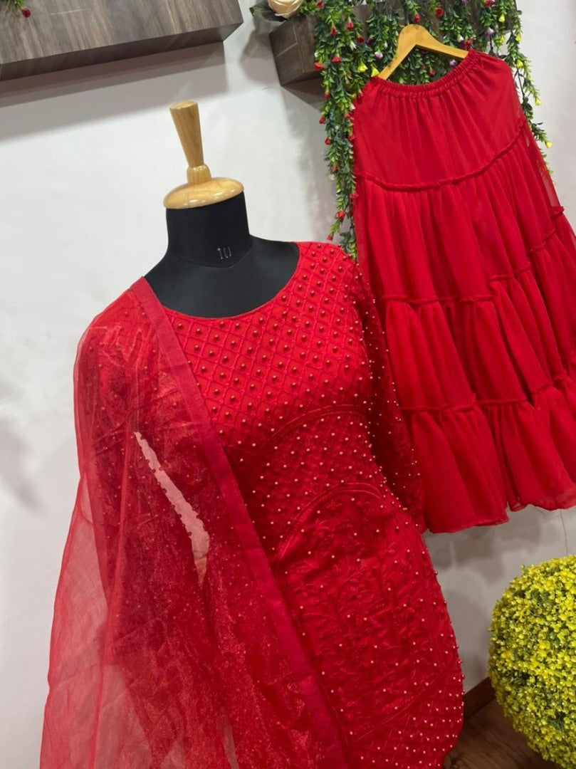 Red georgette moti work sharara salwar suit