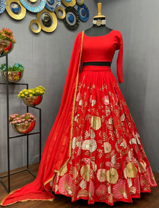 Red georgette multi heavy thread work wedding lehenga choli