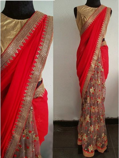Red georgette pallu and net scut embroidered partywear saree